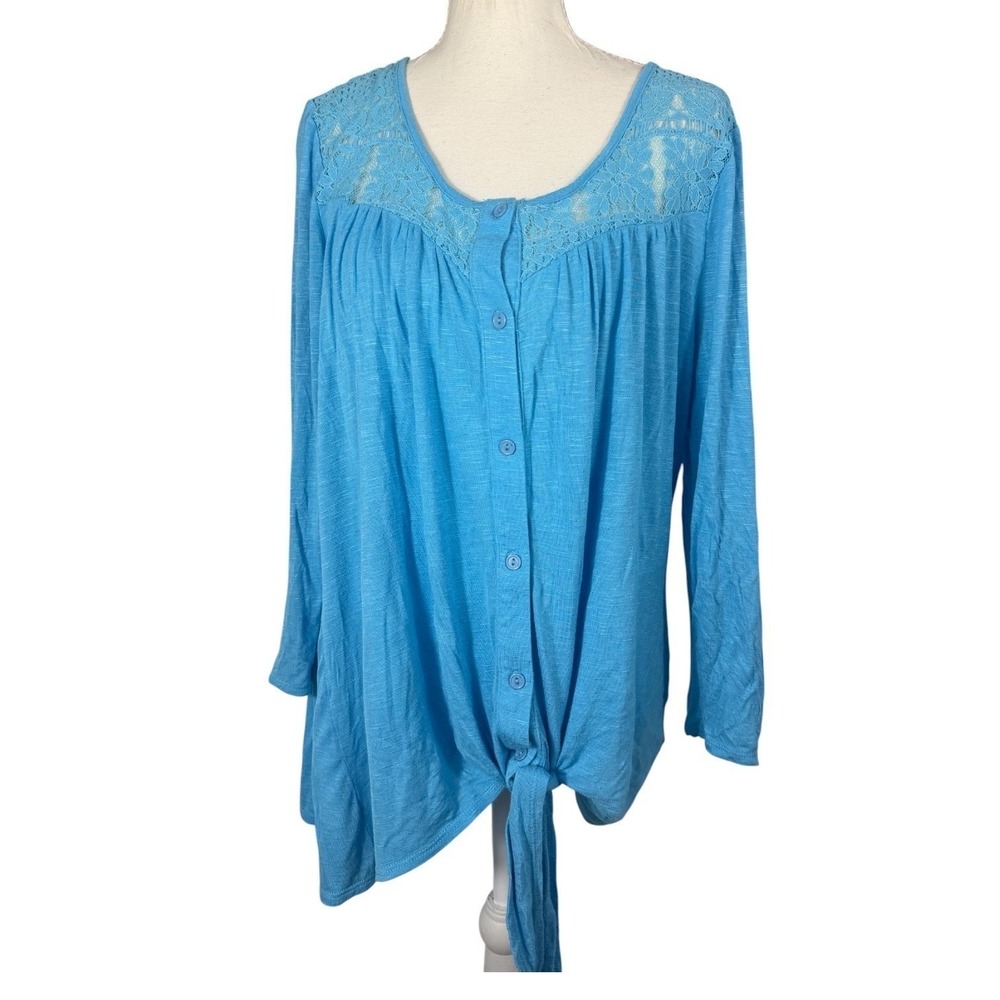 Live and Let Live Top Womens 1XL Blue Lace Tie Front Button Boho Long Sleeve - Picture 2 of 12
